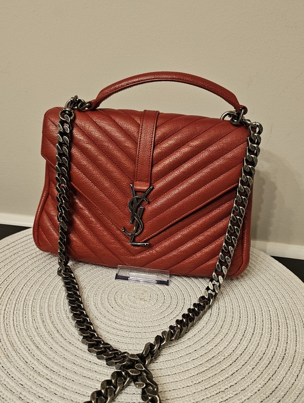 YSL Saint Laurent College Medium Red Chevron Leather Bag